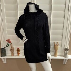 Garage Hooded Cable Knit Sweater Tunic Black